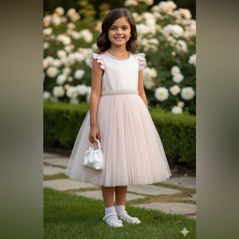 COUTURE PRINCESS Elegant Pink Kids Dress with Pearl Accents